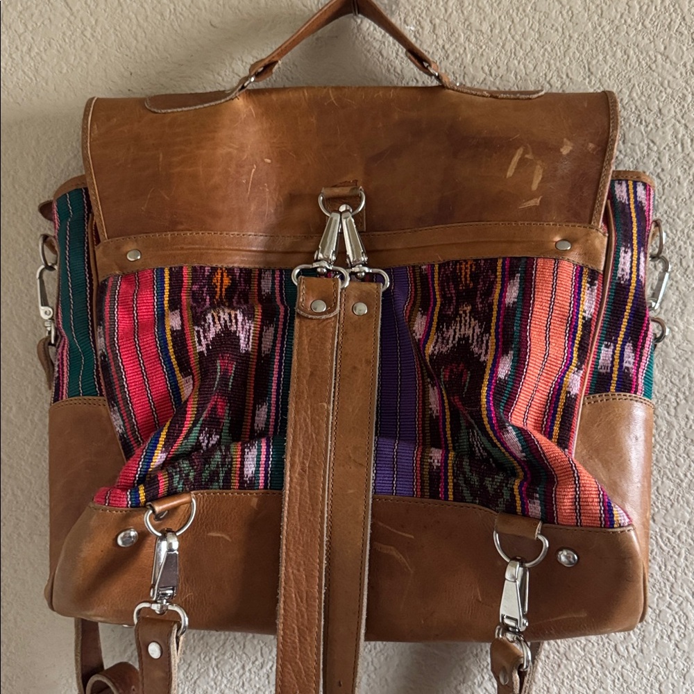 Nena & Co. Brown Leather & Multicolor Woven Backpack Satchel - Picture 7 of 13